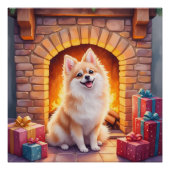 Fluffy Pomeranian Cozy Christmas Fireplace Dog Art Perfect Poster (Voorkant)