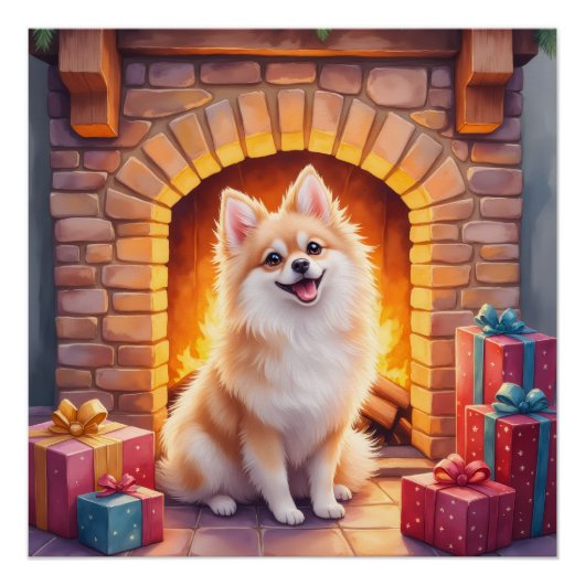 Fluffy Pomeranian Cozy Christmas Fireplace Dog Art Perfect Poster (Voorkant)