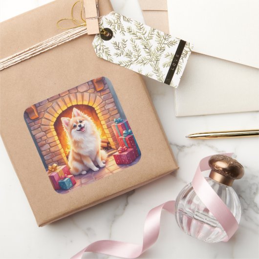 Fluffy Pomeranian Cozy Christmas Fireplace Dog Art Vierkante Sticker (Geschenken)