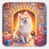 Fluffy Pomeranian Cozy Christmas Fireplace Dog Art Vierkante Sticker (Voorkant)
