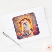 Fluffy Pomeranian Cozy Christmas Fireplace Dog Art Vierkante Sticker (Envelop)