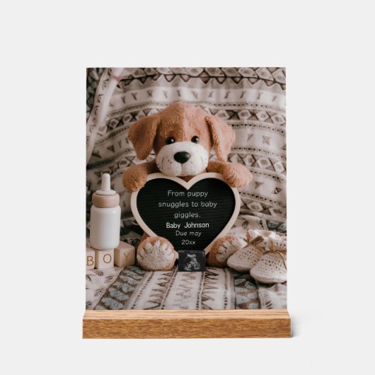 Fluffy Puppy Baby jongen en zwangerschapsaankondig Acryl Bord (Voorkant)
