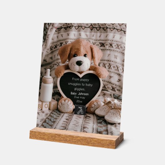 Fluffy Puppy Baby jongen en zwangerschapsaankondig Acryl Bord (Hoek)