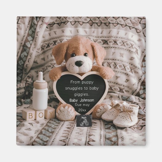 Fluffy Puppy Baby jongen en zwangerschapsaankondig Magneet (Voorkant)