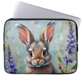 Fluffy Rabbit in een veld van bloemen Laptop Sleeve