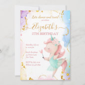 Fluffy rainbow unicorn ballerina verjaardagsfeest kaart (Voorkant)