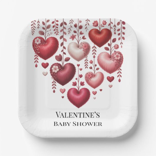 Fluffy Red Floral Heart Baby Shower Papieren Bordje (Voorkant)