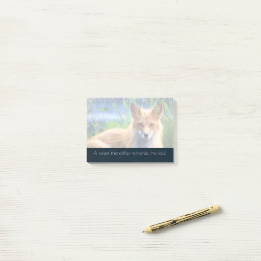 Fluffy Red Fox met Friendship Quote Post-it® Notes (Op bureau)