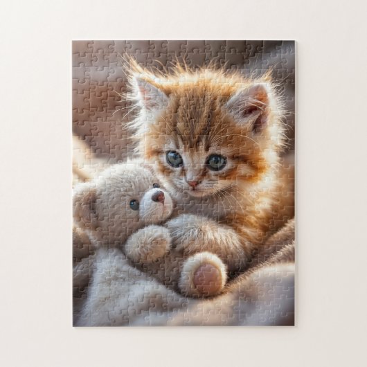 Fluffy red kitten playing with a tiny teddy bear,  legpuzzel (Verticaal)