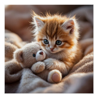 Fluffy red kitten playing with a tiny teddy bear,  perfect poster