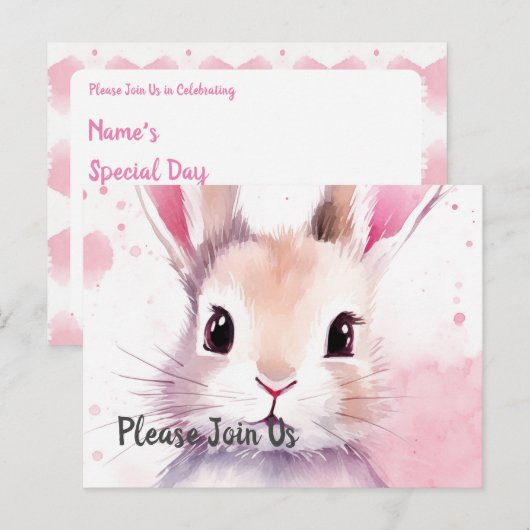 Fluffy roze konijntje Speciale dag Uitnodiging Briefkaart (Voorkant / Achterkant)
