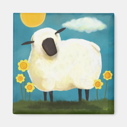 Fluffy Schaap & Gele Bloemen Kunstmagneet Magneet (Voorkant)