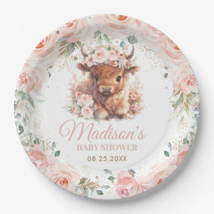 Fluffy Schotse Koe Florale Baby Shower Verjaardag Papieren Bordje