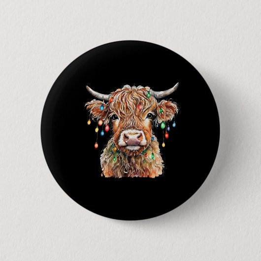 Fluffy Schotse Koe Met Xmas Lichtjes Kerstmis Ronde Button 5,7 Cm (Voorkant)