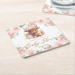 Fluffy Schotse Koe Roze Bloemen Baby Shower Kartonnen Onderzetters