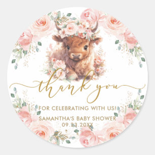 Fluffy Schotse Koe Roze Bloemen Baby Shower Ronde Sticker