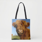 Fluffy Scottish Highland Koe - Blue Sky Tote Bag (Voorkant)