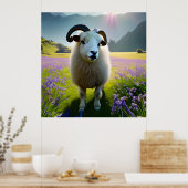 Fluffy Sheep field of purple bloemen Poster (Keuken)