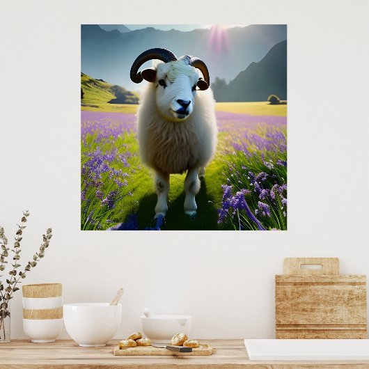 Fluffy Sheep field of purple bloemen Poster (Keuken)
