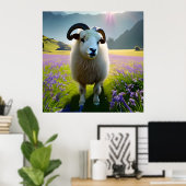 Fluffy Sheep field of purple bloemen Poster (Thuiskantoor)