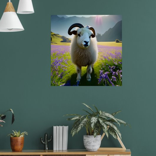 Fluffy Sheep field of purple bloemen Poster (Woonkamer 1)