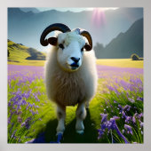 Fluffy Sheep field of purple bloemen Poster (Voorkant)