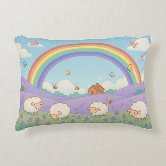 Fluffy Sheep Lavender Field Rainbow Art Accent Kussen (Voorkant)