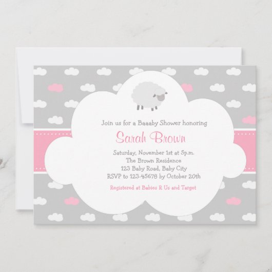 Fluffy Sheep met Cloud Invitation (grijs roze) Kaart (Voorkant)