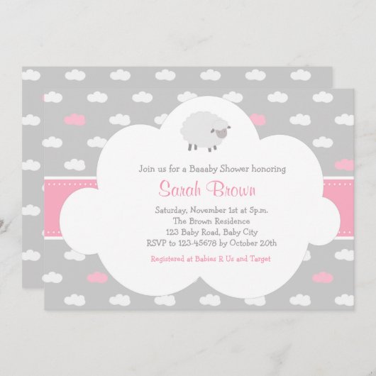 Fluffy Sheep met Cloud Invitation (grijs roze) Kaart (Voorkant / Achterkant)