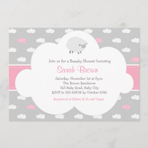 Fluffy Sheep met Cloud Invitation (grijs roze) Kaart