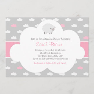 Fluffy Sheep met Cloud Invitation (grijs roze) Kaart