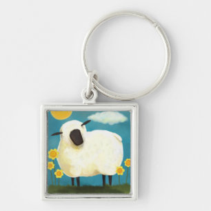 Fluffy Sheep & Yellow Flowers Sleutelhanger