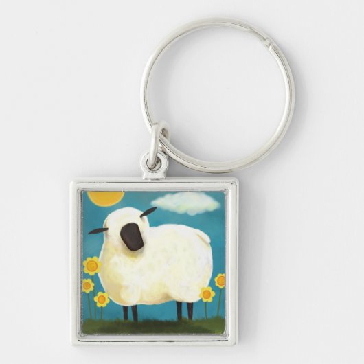 Fluffy Sheep & Yellow Flowers Sleutelhanger (Voorkant)
