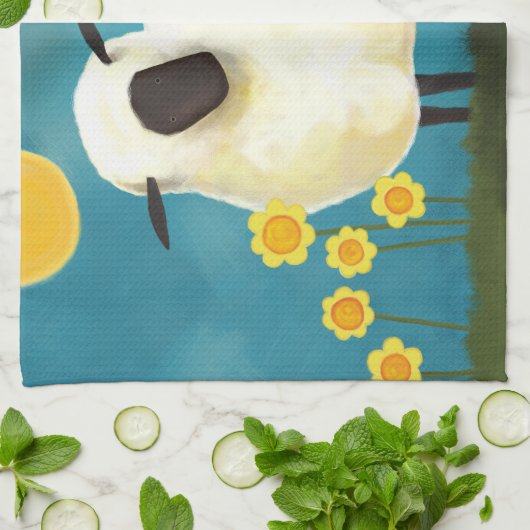Fluffy Sheep & Yellow Flowers Tea Towel Theedoek (Gevouwen)