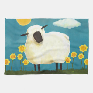 Fluffy Sheep & Yellow Flowers Tea Towel Theedoek