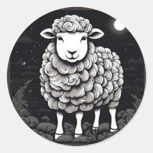 Fluffy Sheep Zwart en Wit Ronde Sticker