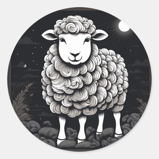 Fluffy Sheep Zwart en Wit Ronde Sticker (Voorkant)