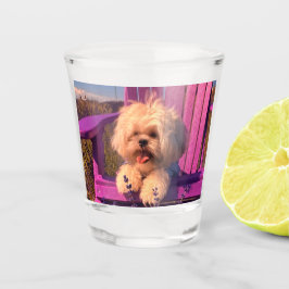 Fluffy speelse Shih Tzu puppy lacht, paarse stoel Shot Glas