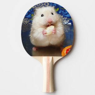 Fluffy syrische hamster Kokolinka die een zaadje e Tafeltennisbatje