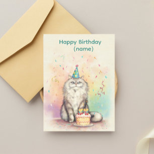Fluffy Verjaardagskat – Feesthoed Kat met Taart Briefkaart
