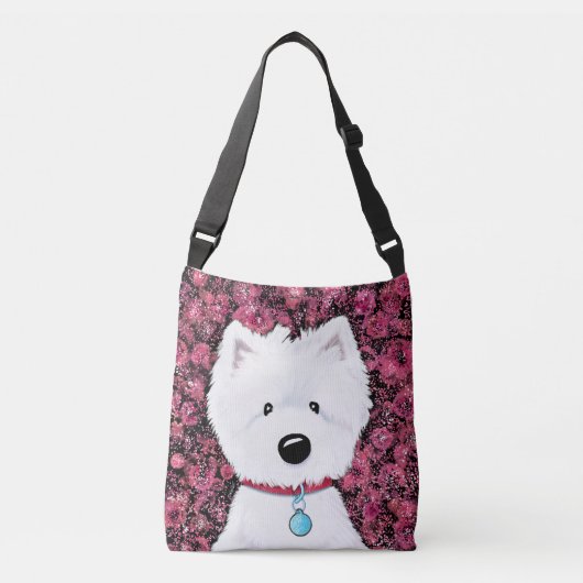 Fluffy Westie Floral Impressions Crossbody Tas (Voorkant)