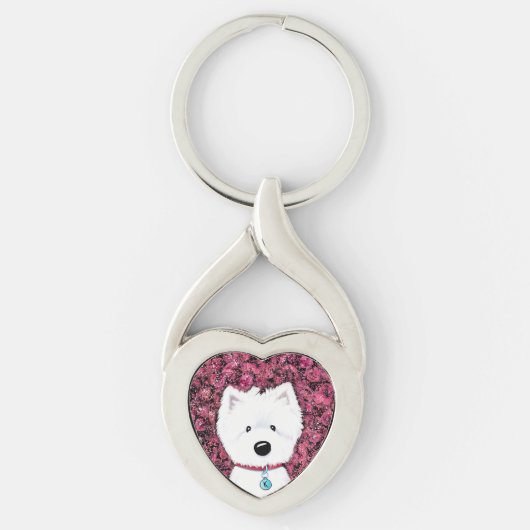 Fluffy Westie Floral Impressions Sleutelhanger (Voorkant)