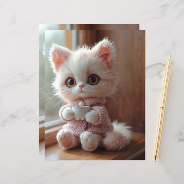 Fluffy White and Light Pink Cat Scrapbook Paper (Voorkant / Achterkant in situ)