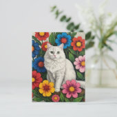 Fluffy White Cat and Folk Art Flowers Briefkaart (Staand voorkant)