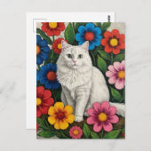 Fluffy White Cat and Folk Art Flowers Briefkaart (Voorkant / Achterkant)