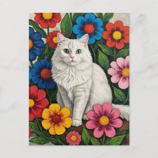 Fluffy White Cat and Folk Art Flowers Briefkaart (Voorkant)