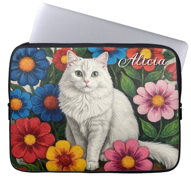 Fluffy White Cat and Folk Art Flowers Laptop Sleeve (Voorkant)