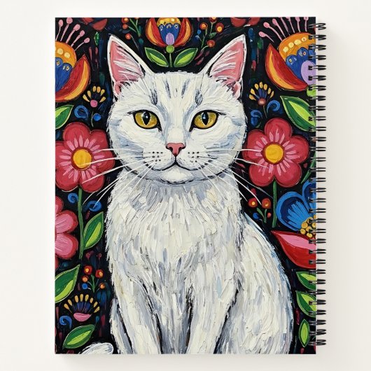 Fluffy White Cat and Folk Art Flowers Notitieboek (Achterkant)