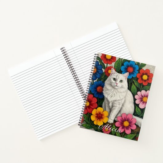Fluffy White Cat and Folk Art Flowers Notitieboek (Binnen)