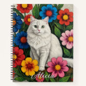 Fluffy White Cat and Folk Art Flowers Notitieboek (Voorkant)